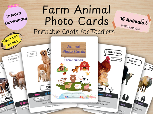 Farm Animal Photo Cards - Advanced Edition | 16 Real Photo Flash Cards with Fun Facts, Sounds & Family Names | Printable Learning Activity