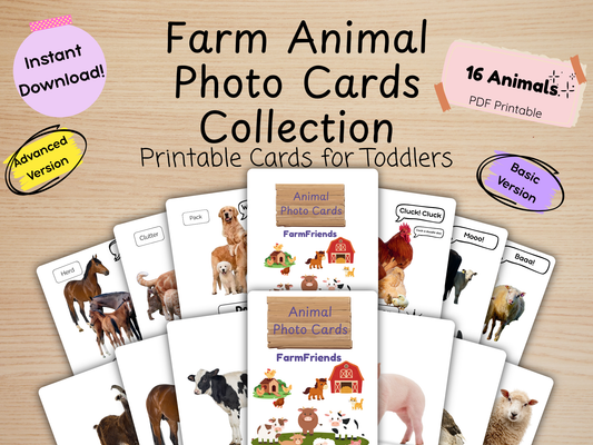 Farm Animal Photo Cards Bundle | Basic + Advanced Edition | 32 Real Photo Flash Cards | Printable Toddler Learning