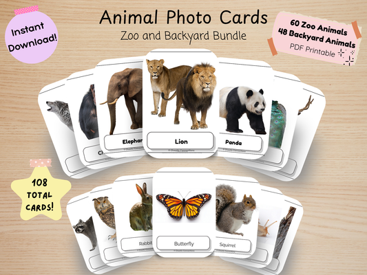 Zoo + Backyard Animal Photo Cards Bundle | 104 Real Photo Flash Cards | Printable Toddler Learning