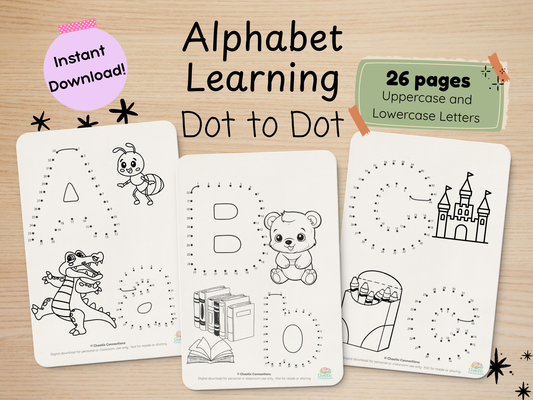 Learning Letters A-Z Printable Dot to Dot Activity Pack | Toddler Alphabet Worksheets | Tracing, Recognition & Coloring Pages for Preschool