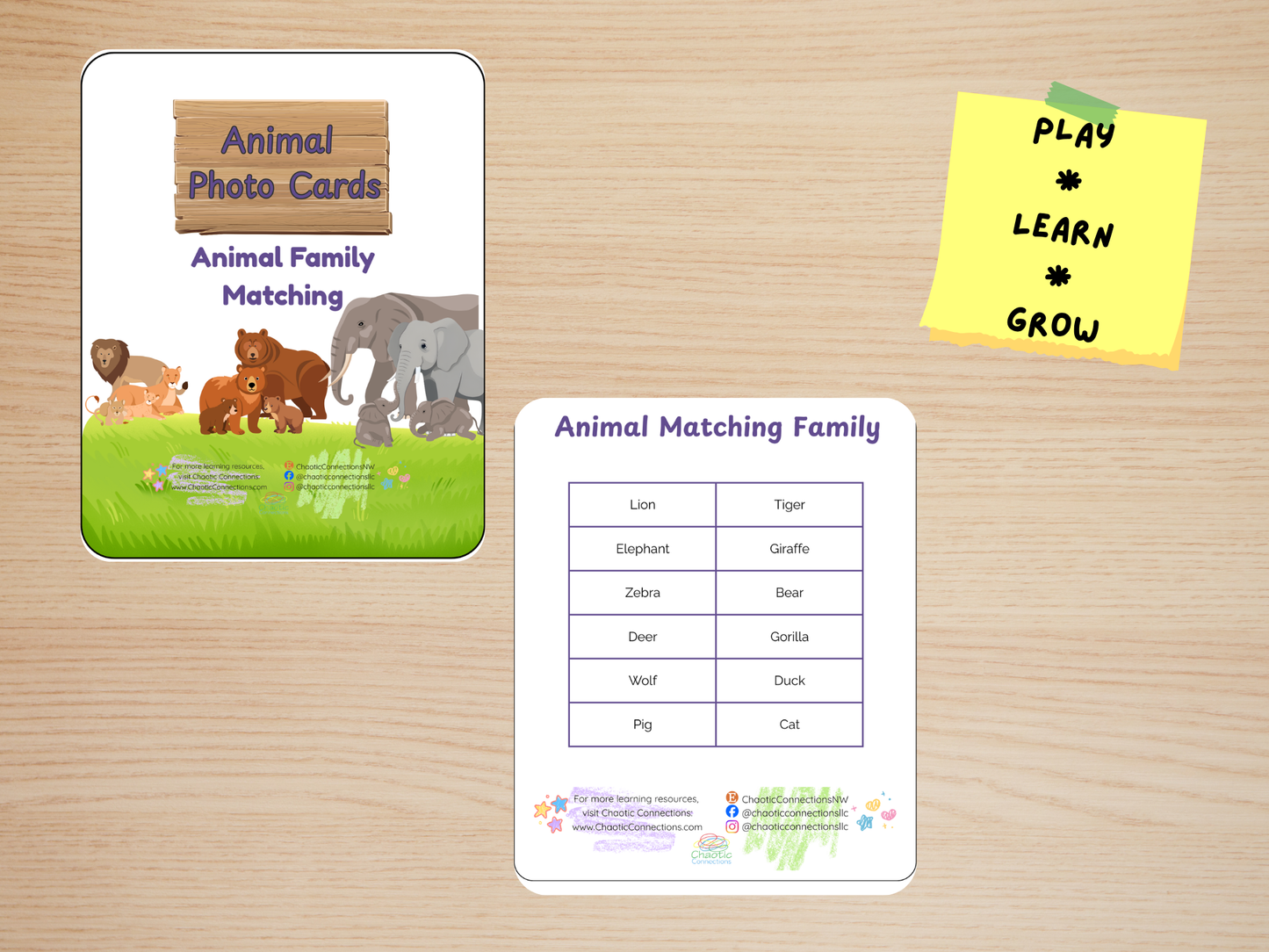 Animal Family Matching Cards | 48 Real Photo Cards | Printable Toddler Matching Activity